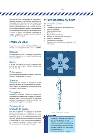3
notas:
SIEM
Conjunto de ações coordenadas, de âmbito extra-
hospitalar, hospitalar e inter-hospitalar, que resultam da
intervenção ativa e dinâmica dos vários componentes
do sistema de saúde nacional, de modo a possibilitar
uma actuação rápida, eficaz e com economia de meios
em situações de emergência médica. Compreende toda
a atividade de urgência/emergência, nomeadamente
o sistema de socorro pré-hospitalar, o transporte, a
receção hospitalar e a adequada referenciação do
doente urgente/emergente.
FASES DO SIEM
Tendo como base o símbolo da ‘Estrela da Vida’, a cada
uma das suas pontas corresponde uma fase do SIEM.
Deteção
Corresponde ao momento em que alguém se apercebe
da existência de uma ou mais vítimas de doença
súbita ou acidente.
Alerta
É a fase em que se contactam os serviços de
emergência, utilizando o Número Europeu de
Emergência - 112.
Pré-socorro
Conjunto de gestos simples que podem e devem ser
efetuados até à chegada do socorro.
Socorro
Corresponde aos cuidados de emergência iniciais
efetuados às vítimas de doença súbita ou de acidente,
com o objetivo de as estabilizar, diminuindo assim a
morbilidade e a mortalidade.
Transporte
Consiste no transporte assistido da vítima numa
ambulância com características, tripulação e carga bem
definidas, desde o local da ocorrência até à unidade
de saúde adequada, garantindo a continuidade dos
cuidados de emergência necessários.
Tratamento na
Unidade de Saúde
Esta fase corresponde ao tratamento no serviço de
saúde mais adequado ao estado clínico da vítima.
Em alguns casos excecionais, pode ser necessária a
intervenção inicial de um estabelecimento de saúde
onde são prestados cuidados imprescindíveis para
a estabilização da vítima, com o objetivo de garantir
um transporte mais seguro para um hospital mais
diferenciado e/ou mais adequado à situação.
Asclépio é o deus da medicina e da
cura da mitologia greco-romana.
O bastão de Asclépio, consiste num
bastão envolvido por uma serpente. É
um símbolo antigo, relacionado com a
astrologia e com a cura dos doentes
através da medicina.
Tornou-se o símbolo da medicina.
INTERVENIENTES NO SIEM
São intervenientes no sistema:
•	 Público;
•	 Operadores das Centrais de Emergência 112;
•	 Técnicos dos CODU;
•	 Agentes da autoridade;
•	 Bombeiros;
•	 Tripulantes de ambulância;
•	 Técnicos de ambulância de emergência;
•	 Médicos e enfermeiros;
•	 Pessoal técnico hospitalar;
•	 Pessoal técnico de telecomunicações e de
informática.
Figura 1
Figura 2: Bastão de Asclépio
 