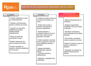 Deﬁnición de las características disponibles roles de usuario
- Pueden registrarse y crear
su cuenta personal
- Reciben conﬁrmaciones,
avisos y eventos via correo
- Cuentan con una ﬁcha
editable que pueden
posteriormente
complementar.
-Tienen la opción de
inscribirse a cursos
-Pueden interactuar con
otros usuarios y/o tutores
-Pueden visualizar su
avance e historial académico
en los cursos
USB
ALUMNOS
- Pueden consulta la ﬁcha de
los alumnos inscritos a su
curso.
- Puede crear cursos y
permitir inscripciones a
usuarios especíﬁcos
- Puede participar y
contestar dudas en el curso
así como crear foros de
discusión o eventos
- Puede visualizar el avance
de los usuarios en curso así
como establecer fechas y
periodos
- Agrega actividades,
cuestionarios, ligas de
interés
- Consultar historial y
caliﬁcaciones
- Validación y expedición de
certiﬁcados
TUTORES
- Aplican actualizaciones al
contenido
- Realizan seguimiento
estadístico de uso de redes
y usuarios
- Actualizan servidores y
crean respaldo de las bases
de datos
- Dan de alta y actualizan
nuevos usuarios y/o tutores
-Depuran la base en caso de
errores, saturación o
ataques
- Capacitan y/o apoyan las
labores técnicas de los
tutores
ADMINISTRACIÓN
(Renta por mantenimiento)
 