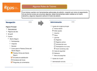 Algunos Roles de Tutores
Los tutores cuentan con herramientas adicionales de edición, creación así como el seguimiento
al uso de los cursos por enunciar algunas, éstas herramientas están visibles en el menú
derecho y algunos requieren activar el modo de edición.
 