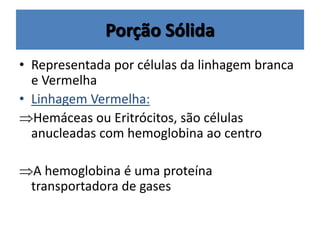 Porção Sólida
• Representada por células da linhagem branca
e Vermelha
• Linhagem Vermelha:
Hemáceas ou Eritrócitos, são células
anucleadas com hemoglobina ao centro
A hemoglobina é uma proteína
transportadora de gases
 