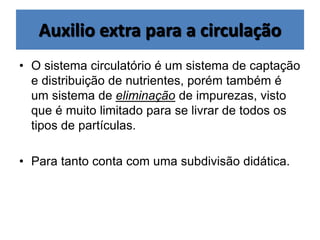 Auxilio extra para a circulação
• O sistema circulatório é um sistema de captação
e distribuição de nutrientes, porém também é
um sistema de eliminação de impurezas, visto
que é muito limitado para se livrar de todos os
tipos de partículas.
• Para tanto conta com uma subdivisão didática.
 