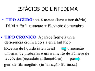 ESTÁGIOS DO LINFEDEMA
• TIPO AGUDO: até 6 meses (leve e transitório)
DLM + Enfaixamento + Elevação do membro
• TIPO CRÔNICO: Aparece frente à uma
deficiência crônica do sistema linfático
Excesso de líquido intersticial aglomeração
anormal de proteínas e um aumento do número de
leucócitos (exsudato inflamatório) passa-
gem de fibrinogênio (inflamação fibrinosa)
 