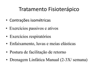 Tratamento Fisioterápico
• Contrações isométricas
• Exercícios passivos e ativos
• Exercícios respiratórios
• Enfaixamento, luvas e meias elásticas
• Postura de facilitação de retorno
• Drenagem Linfática Manual (2-3X/ semana)
 