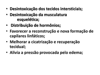 • Desintoxicação dos tecidos intersticiais;
• Desintoxicação da musculatura
esquelética;
• Distribuição de hormônios;
• Favorecer a reconstrução e nova formação de
capilares linfáticos;
• Melhorar a cicatrização e recuperação
tecidual;
• Alivia a pressão provocada pelo edema;
 
