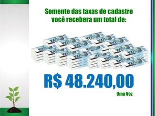 Somente das taxas de cadastro
você recebera um total de:
Uma Vez
R$ 48.240,00
 