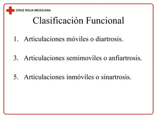 Clasificación Funcional Articulaciones móviles o diartrosis. Articulaciones semimoviles o anfiartrosis. Articulaciones inmóviles o sinartrosis. 