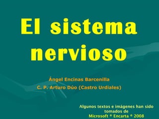 El sistema
 nervioso
     Ángel Encinas Barcenilla
 C. P. Arturo Dúo (Castro Urdiales)



                  Algunos textos e imágenes han sido
                             tomados de
                      Microsoft ® Encarta ® 2008
 