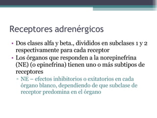 Receptores adrenérgicos Dos clases alfa y beta., divididos en subclases 1 y 2 respectivamente para cada receptor Los órganos que responden a la norepinefrina (NE) (o epinefrina) tienen uno o más subtipos de receptores  NE – efectos inhibitorios o exitatorios en cada órgano blanco, dependiendo de que subclase de receptor predomina en el órgano 