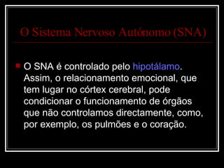 O SNA é controlado pelo  hipotálamo . Assim, o relacionamento emocional, que tem lugar no córtex cerebral, pode condicionar o funcionamento de órgãos que não controlamos directamente, como, por exemplo, os pulmões e o coração. O Sistema Nervoso Autónomo (SNA) 