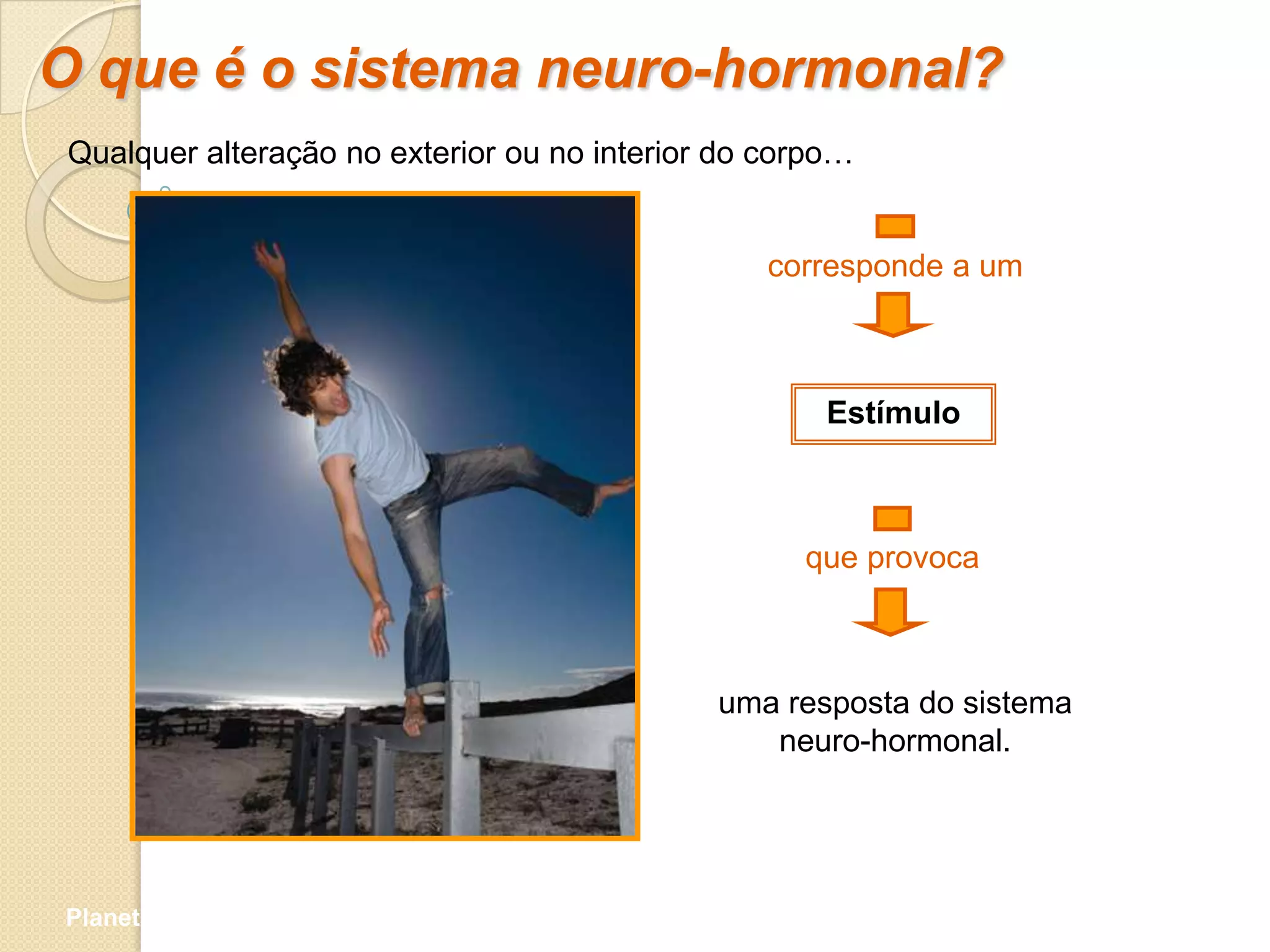 O que é o sistema neuro-hormonal?
 Qualquer alteração no exterior ou no interior do corpo…


                                                 corresponde a um



                                                      Estímulo



                                                    que provoca



                                              uma resposta do sistema
                                                 neuro-hormonal.




Planeta Terra — 9.º ano
 
