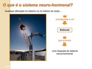 O que é o sistema neuro-hormonal?
 Qualquer alteração no exterior ou no interior do corpo…


                                                 corresponde a um



                                                      Estímulo



                                                    que provoca



                                              uma resposta do sistema
                                                 neuro-hormonal.




Planeta Terra — 9.º ano
 