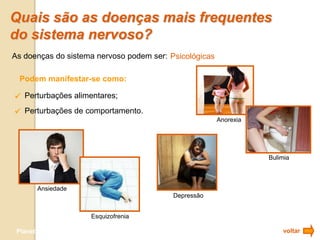 Quais são as doenças mais frequentes
do sistema nervoso?
As doenças do sistema nervoso podem ser: Psicológicas

 Podem manifestar-se como:

 Perturbações alimentares;
 Perturbações de comportamento.
                                                        Anorexia




                                                                   Bulimia



       Ansiedade
                                           Depressão


                           Esquizofrenia

 Planeta Terra — 9.º ano                                               voltar
 