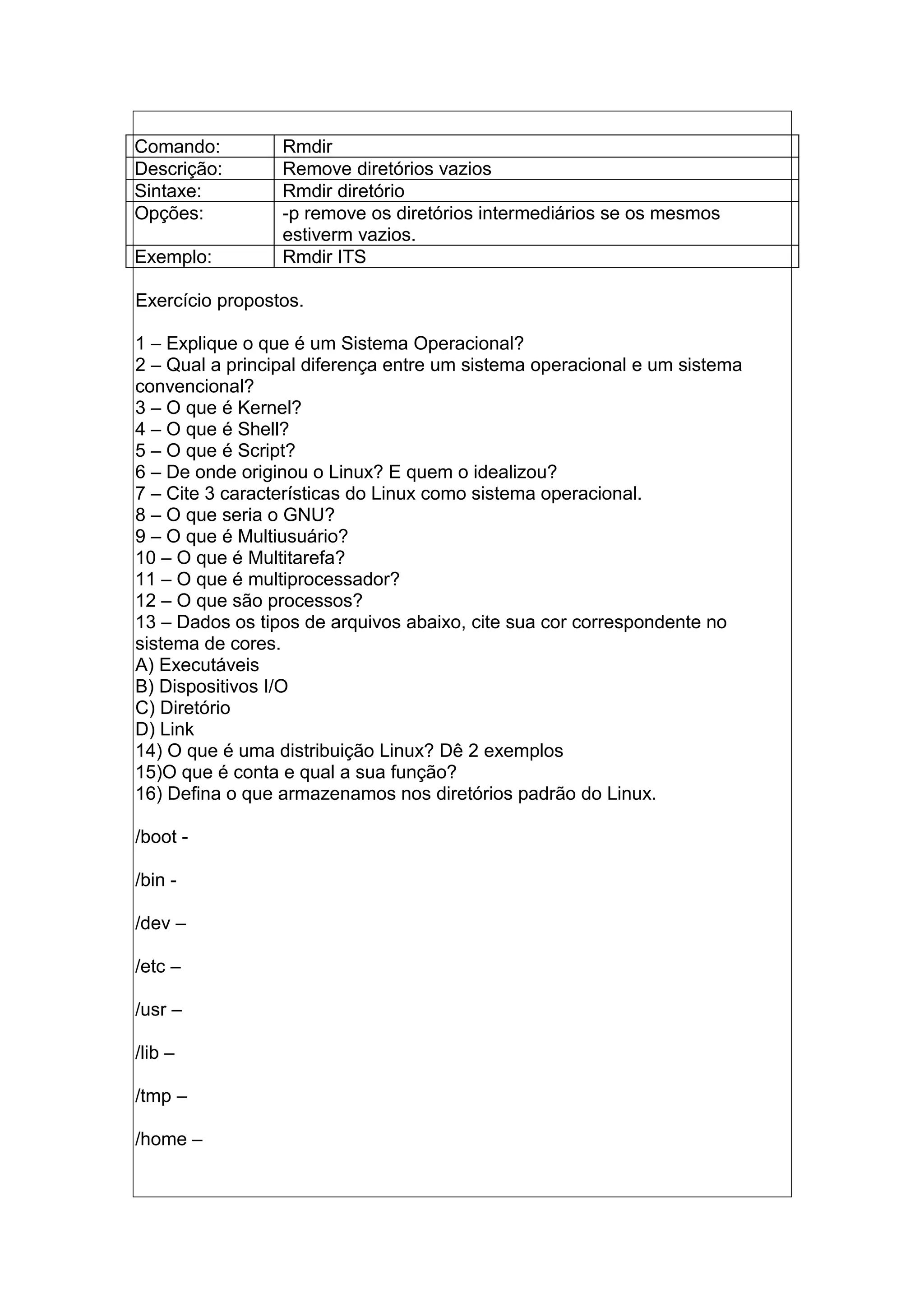 Comando: Rmdir
Descrição: Remove diretórios vazios
Sintaxe: Rmdir diretório
Opções: -p remove os diretórios intermediários se os mesmos
estiverm vazios.
Exemplo: Rmdir ITS
Exercício propostos.
1 – Explique o que é um Sistema Operacional?
2 – Qual a principal diferença entre um sistema operacional e um sistema
convencional?
3 – O que é Kernel?
4 – O que é Shell?
5 – O que é Script?
6 – De onde originou o Linux? E quem o idealizou?
7 – Cite 3 características do Linux como sistema operacional.
8 – O que seria o GNU?
9 – O que é Multiusuário?
10 – O que é Multitarefa?
11 – O que é multiprocessador?
12 – O que são processos?
13 – Dados os tipos de arquivos abaixo, cite sua cor correspondente no
sistema de cores.
A) Executáveis
B) Dispositivos I/O
C) Diretório
D) Link
14) O que é uma distribuição Linux? Dê 2 exemplos
15)O que é conta e qual a sua função?
16) Defina o que armazenamos nos diretórios padrão do Linux.
/boot -
/bin -
/dev –
/etc –
/usr –
/lib –
/tmp –
/home –
 