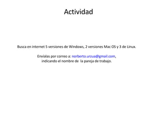 Actividad Busca en internet 5 versiones de Windows, 2 versiones Mac OS y 3 de Linux. Envíalas por correo a:  [email_address] , indicando el nombre de  la pareja de trabajo. 