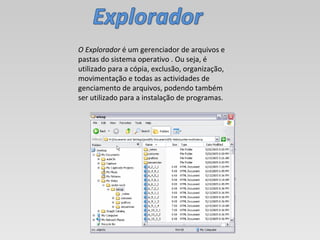 O Explorador  é um gerenciador de arquivos e pastas do sistema operativo . Ou seja, é utilizado para a cópia, exclusão, organização, movimentação e todas as actividades de genciamento de arquivos, podendo também ser utilizado para a instalação de programas. 
