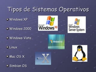Tipos de Sistemas Operativos Windows XP Windows 2000 Windows Vista Linux Mac OS X Simbian OS 