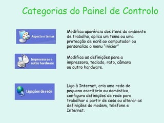 Categorias do Painel de Controlo Modifica aparência dos itens do ambiente de trabalho, aplica um tema ou uma protecção de ecrã ao computador ou personaliza o menu “iniciar” Modifica as definições para a impressora, teclado, rato, câmara ou outro hardware. Liga à Internet, cria uma rede de pequeno escritório ou doméstica, configura definições de rede para trabalhar a partir de casa ou alterar as definições do modem, telefone e Internet. 