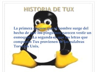 La primera sugiere que el nombre surge del hecho de que los pingüinos parecen vestir un esmoquin. La segunda es que las letras que componen Tux provienen de las palabras Torvalds Unix.   