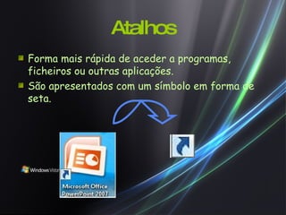Atalhos Forma mais rápida de aceder a programas, ficheiros ou outras aplicações. São apresentados com um símbolo em forma de seta. 