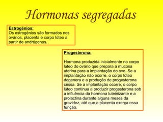 Hormonas segregadas   Progesterona: Hormona produzida inicialmente no corpo lúteo do ovário que prepara a mucosa uterina para a implantação do ovo. Se a implantação não ocorre, o corpo lúteo degenera e a produção de progesterona cessa. Se a implantação ocorre, o corpo lúteo continua a produzir progesterona sob a influência da hormona luteinizante e a prolactina durante alguns meses da gravidez, até que a placenta exerça essa função. Estrogénios: Os estrogénios são formados nos ovários, placenta e corpo lúteo a partir de andrógenos. 