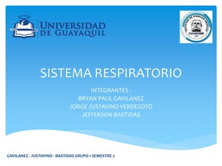 SISTEMA RESPIRATORIO
INTEGRANTES :
BRYAN PAUL GAVILANEZ
JORGE JUSTAVINO VERDEZOTO
JEFFERSON BASTIDAS
GAVILANEZ - JUSTAVINO - BASTIDAS GRUPO 1 SEMESTRE 2
 
