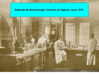 Una nueva ley creó en 1892 el  Consejo Superior de Higiene Pública  y el Instituto de Higiene, que poseía sólo funciones consultivas.  En 1906 se aprobó la Ley de Habitaciones Populares, en 1909 el primer Código Sanitario y a fines de la década de 1910 se inauguró el alcantarillado de Santiago, lo que da cuenta de los paulatinos avances de las ideas higienistas.  Uno de los médicos más destacados fue  Adolfo Murillo , quien se preocupó de estudiar las causas de la mortalidad urbana, de la aprobación de una ley de vacuna obligatoria y de las formas de prevenir las epidemias de cólera.  Gabinete de Bacteriología, Instituto de Higiene, hacia 1910    
