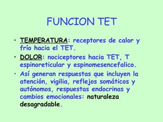 FUNCION TET TEMPERATURA : receptores de calor y frío hacia el TET. DOLOR : nociceptores hacia TET, T espinoreticular y espinomesencefalico. Así generan respuestas que incluyen la atención, vigilia, reflejos somáticos y autónomos, respuestas endocrinas y cambios emocionales:  naturaleza   desagradable . 