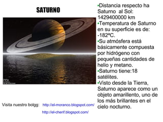 SATURNO Distancia respecto ha Saturno  al Sol: 1429400000 km Temperatura de Saturno en su superficie es de: -182ªC. Su atmósfera está básicamente compuesta por hidrógeno con pequeñas cantidades de helio y metano. Saturno tiene:18 satélites. Visto desde la Tierra, Saturno aparece como un objeto amarillento, uno de los más brillantes en el cielo nocturno.  Visita nuestro bolgg: http://el-moranco.blogspot.com/ http://el-cherif.blogspot.com/ 