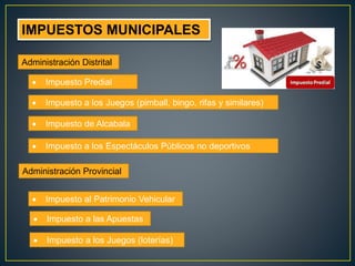  Impuesto a los Espectáculos Públicos no deportivos
IMPUESTOS MUNICIPALES
Administración Distrital
 Impuesto a los Juego...