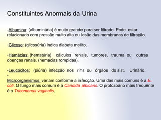 Constituintes Anormais da Urina
-AlbuminaAlbumina: (albuminúria) é muito grande para ser filtrado. Pode estar
relacionado com pressão muito alta ou lesão das membranas de filtração.
-GlicoseGlicose: (glicosúria) indica diabete melito.
-Hemácias:Hemácias: (hematúria) cálculos renais, tumores, trauma ou outras
doenças renais. (hemácias rompidas).
-Leucócitos:Leucócitos: (piúria) infecção nos rins ou órgãos do sist. Urinário.
-
Microorganismos:Microorganismos: variam conforme a infecção. Uma das mais comuns é a E.
coli. O fungo mais comum é a Candida albicans. O protozoário mais frequênte
é o Tricomonas vaginalis.
 