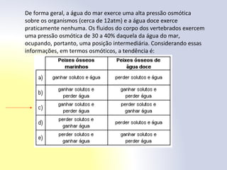 De forma geral, a água do mar exerce uma alta pressão osmótica
sobre os organismos (cerca de 12atm) e a água doce exerce
praticamente nenhuma. Os fluidos do corpo dos vertebrados exercem
uma pressão osmótica de 30 a 40% daquela da água do mar,
ocupando, portanto, uma posição intermediária. Considerando essas
informações, em termos osmóticos, a tendência é:
 