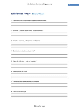 http://estudandoanatomia.blogspot.com/
                                                                                   10




EXERCÍCIOS DE FIXAÇÃO – Sistema Urinário



1. Cite as estruturas (órgãos) que compõem o sistema urinário.
________________________________________________________________________________
________________________________________________________________________________
________________________________________________________________________________
________________________________________________________________________________


2. Quais são e como se distribuem os envoltórios renais?
________________________________________________________________________________
________________________________________________________________________________
________________________________________________________________________________
________________________________________________________________________________


3. Conceitue seio renal, cálices renais e pelve renal.
________________________________________________________________________________
________________________________________________________________________________
________________________________________________________________________________
________________________________________________________________________________


4. Quais os elementos do pedículo renal?
________________________________________________________________________________
________________________________________________________________________________
________________________________________________________________________________
________________________________________________________________________________


5. O que são pirâmides e onde se localizam?
________________________________________________________________________________
________________________________________________________________________________
________________________________________________________________________________
________________________________________________________________________________


6. Cite as porções do ureter.
________________________________________________________________________________
________________________________________________________________________________
________________________________________________________________________________
________________________________________________________________________________


7. Cite a localização dos estreitamentos ureterais.
________________________________________________________________________________
________________________________________________________________________________
________________________________________________________________________________
________________________________________________________________________________


8. Cite as faces da bexiga.
________________________________________________________________________________
________________________________________________________________________________
________________________________________________________________________________
________________________________________________________________________________




                                @DanMoreyra
 