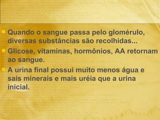 Quando o sangue passa pelo glomérulo, diversas substâncias são recolhidas... Glicose, vitaminas, hormônios, AA retornam ao sangue. A urina final possui muito menos água e sais minerais e mais uréia que a urina inicial. 