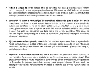 • Filtram o sangue do corpo: Parece difícil de acreditar, mas esses pequenos órgãos filtram
todo o sangue do nosso corpo aproximadamente 288 vezes por dia! Todas as impurezas
que são coletadas no processo (ureia, amônia, resíduos de drogas e outros) são misturadas
com água, enviadas para a bexiga e eliminadas na nossa urina.
• Equilibram e fazem a manutenção de elementos necessários para a saúde do nosso
corpo: Além de filtrar o nosso sangue das impurezas, os rins regulam a quantidade de
substâncias benéficas (como cálcio, sódio, potássio, magnésio, fósforo, etc.) para o nosso
corpo, garantindo que nada esteja em excesso. Eles retiram os excessos dessas substâncias
e jogam fora pelo xixi, garantindo que tudo esteja em perfeito equilíbrio. Além disso, os
rins são responsáveis por regular o nível de ácido-base (pH) do nosso sangue, mantendo
ele sempre constante.
• Ajudam no controle da pressão arterial: Os rins também regulam o volume e a pressão do
nosso sangue. Caso os órgãos sintam que os líquidos estão passando em um ritmo não
satisfatório, os rins podem reter e até eliminar água ou aumentar a produção de sangue,
estabilizando o fluxo.
• Regulam a formação do sangue e dos ossos: Além de tudo já descrito neste capítulo, os
rins também funcionam como produtores de hormônios para o nosso corpo! Eles
produzem substâncias muito importantes para o nosso corpo: eritropoietina, que participa
na formação de glóbulos vermelhos para o nosso sangue; vitamina D, que ajuda na
absorção de cálcio para fortalecimento dos ossos; e a renina, que ajuda a regular a pressão
arterial.
 