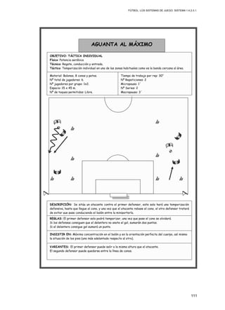 FÚTBOL: LOS SISTEMAS DE JUEGO. SISTEMA 1.4.2-3.1.
111
REGLAS: El primer defensor solo podrá temporizar, una vez que pase el cono se olvidará.
Si los defensas consiguen que el delantero no anote el gol, sumarán dos puntos.
Si el delantero consigue gol sumará un punto.
INSISTIR EN: Máxima concentración en el balón y en la orientación perfecta del cuerpo, así mismo
la situación de los pies (uno más adelantado respecto al otro).
VARIANTES: El primer defensor puede salir a la misma altura que el atacante.
El segundo defensor puede quedarse entre la línea de conos.
DESCRIPCIÓN: Se sitúa un atacante contra el primer defensor, este solo hará una temporización
defensiva, hasta que llegue al cono, y una vez que el atacante rebase el cono, el otro defensor tratará
de evitar que pase conduciendo el balón entre la miniportería.
Material: Balones, 8 conos y petos.
Nº total de jugadores: 6.
Nº jugadores por grupo: 1x2.
Espacio: 15 x 45 m.
Nº de toques permitidos: Libre.
AGUANTA AL MÁXIMO
OBJETIVO: TÁCTICA INDIVIDUAL
Físico: Potencia aeróbica
Técnico: Regate, conducción y entrada.
Táctico: Temporización individual en una de las zonas habituales como es la banda cercana al área.
Tiempo de trabajo por rep: 30”
Nº Repeticiones: 2
Micropausa: 1´
Nº Series: 2
Macropausa: 3´
 