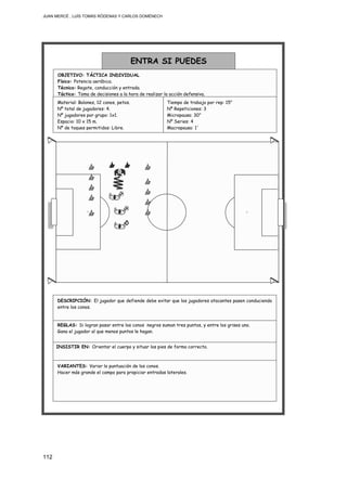 JUAN MERCÉ , LUÍS TOMÁS RÓDENAS Y CARLOS DOMÉNECH
112
ENTRA SI PUEDES
OBJETIVO: TÁCTICA INDIVIDUAL
Físico: Potencia aeróbica.
Técnico: Regate, conducción y entrada.
Táctico: Toma de decisiones a la hora de realizar la acción defensiva.
Tiempo de trabajo por rep: 15”
Nº Repeticiones: 3
Micropausa: 30”
Nº Series: 4
Macropausa: 1´
INSISTIR EN: Orientar el cuerpo y situar los pies de forma correcta.
REGLAS: Si logran pasar entre los conos negros suman tres puntos, y entre los grises uno.
Gana el jugador al que menos puntos le hagan.
VARIANTES: Variar la puntuación de los conos.
Hacer más grande el campo para propiciar entradas laterales.
DESCRIPCIÓN: El jugador que defiende debe evitar que los jugadores atacantes pasen conduciendo
entre los conos.
Material: Balones, 12 conos, petos.
Nº total de jugadores: 4.
Nº jugadores por grupo: 1x1.
Espacio: 10 x 15 m.
Nº de toques permitidos: Libre.
 