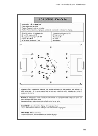 FÚTBOL: LOS SISTEMAS DE JUEGO. SISTEMA 1.4.2-3.1.
141
INSISTIR EN: La velocidad en el juego del equipo que ataca.
Los que defienden deben marcar el tempo, bien temporizando o replegando.
REGLAS: Si el equipo que pierde el balón, no esta situado en su propia mitad de campo y el equipo que
ataca mete gol, este valdrá doble.
Siempre se deberá pasar conduciendo el balón entre las porterías.
VARIANTES: Añadir comodines.
Cruzar miniporterías distribuidas sobre el terreno de juego.
DESCRIPCIÓN: Jugamos una posesión, tras pérdida del balón, los dos jugadores más próximo al
balón temporizan y los otros dos buscan tocar un cono gris, y posteriormente repliegan para evitar el
ataque del adversario.
Material: Balones, 12 conos y petos.
Nº total de jugadores: 10.
Nº jugadores por grupo: 4x4 + 2C.
Espacio: 40 x 40 m.
Nº de toques permitidos: Libre.
LOS CONOS SON CASA
OBJETIVO: TÁCTICA GRUPAL
Físico: Capacidad aeróbica.
Técnico: Pase corto y largo, entradas.
Táctico: Temporizaciones, repliegues, cambios de orientación y velocidad en el juego.
Tiempo de trabajo por rep: 15´
Nº Repeticiones: 2
Micropausa: 3´
Nº Serie: 2
Macropausa: 5´
 