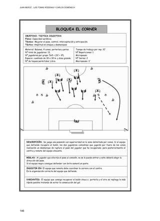 JUAN MERCÉ , LUÍS TOMÁS RÓDENAS Y CARLOS DOMÉNECH
146
BLOQUEA EL CORNER
OBJETIVO: TÁCTICA COLECTIVA
Físico: Capacidad aeróbica.
Técnico: Mejorar el pase, control, interceptación y anticipación.
Táctico: Amplitud en ataque y desmarques.
Tiempo de trabajo por rep: 10´
Nº Repeticiones: 1
Micropausa:
Nº Series: 2
Macropausa: 3´
INSISTIR EN: El equipo que remata debe coordinar la carrera con el centro.
En la organización correcta del equipo que defiende.
REGLAS: Al jugador que efectúa el pase al comodín, no se le puede entrar y este deberá elegir la
dirección del pase.
Si el equipo negro consigue defender con éxito sumará un punto.
VARIANTES: El equipo que consiga recuperar el balón ataca a portería y el otro se repliega lo más
rápido posible tratando de evitar la consecución del gol.
DESCRIPCIÓN: Se juega una posesión con superioridad en la zona delimitada por conos. Si el equipo
que defiende recupera el balón, los dos jugadores comodines que jugarán por fuera de los conos
realizarán un desmarque de ruptura al pase del jugador que ha recuperado; para posteriormente el
centro y remate del equipo atacante.
Material: Balones, 4 conos, porterías y petos.
Nº total de jugadores: 13.
Nº jugadores por grupo: 5x5 + (2C + 1P).
Espacio: cuadrado de 30 x 30 m. y área grande.
Nº de toques permitidos: Libre.
 