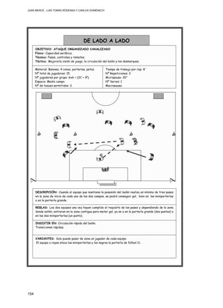 JUAN MERCÉ , LUÍS TOMÁS RÓDENAS Y CARLOS DOMÉNECH
154
INSISTIR EN: Circulación rápida del balón.
Transiciones rápidas.
REGLAS: Los dos equipos una vez hayan cumplido el requisito de los pases y dependiendo de la zona
donde estén, entraran en la zona contigua para meter gol, ya se a en la portería grande (dos puntos) o
en las dos miniporterías (un punto).
VARIANTES: Solo puede pasar de zona un jugador de cada equipo.
El equipo a rayas ataca las miniporterías y los negros la portería de fútbol 11.
DESCRIPCIÓN: Cuando el equipo que mantiene la posesión del balón realiza un mínimo de tres pases
en la zona de inicio de cada uno de los dos campos, se podrá conseguir gol, bien en las miniporterías
o en la portería grande.
Material: Balones, 4 conos, porterías, petos.
Nº total de jugadores: 15.
Nº jugadores por grupo: 6x6 + (2C + 1P).
Espacio: Medio campo.
Nº de toques permitidos: 3.
DE LADO A LADO
OBJETIVO: ATAQUE ORGANIZADO CANALIZADO
Físico: Capacidad aeróbica.
Técnico: Pases, controles y remates.
Táctico: Mejorarla visión de juego, la circulación del balón y los desmarques.
Tiempo de trabajo por rep: 8´
Nº Repeticiones: 2
Micropausa: 30”
Nº Series: 1
Macropausa:
 