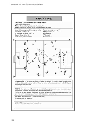 JUAN MERCÉ , LUÍS TOMÁS RÓDENAS Y CARLOS DOMÉNECH
156
INSISTIR EN: La velocidad a la que circula el balón.
El movimiento de los jugadores.
REGLAS: Si el equipo que defiende se apodera del balón, el equipo atacante debe volver a empezar el
ataque desde su zona de inicio. Cada cinco ataques cambiarán el rol.
Para meter gol debe de pasar el balón por las miniporterías de las zonas de inicio y canalización, (tres
porterías dentro de cada zona), en la zona de finalización no hay porterías.
VARIANTES: Que toquen todos los jugadores.
DESCRIPCIÓN: En un campo de fútbol 11, juegan dos equipos. El atacante juega en superioridad
numérica, debiendo de pasar el balón por todas las miniporterías de cada zona para poder finalizar el
ataque organizado canalizado.
Material: Balones, petos, 20 conos y porterías.
Nº total de jugadores: 19.
Nº jugadores por grupo: 10x8 + 1P.
Espacio: Campo fútbol 11.
Nº de toques permitidos: Libre.
PASO A NIVEL
OBJETIVO: ATAQUE ORGANIZADO CANALIZADO
Físico: Capacidad aeróbica.
Técnico: Conducción, regate, pase corto, largo y tiro.
Táctico: Circulación de balón por las diferentes zonas del campo.
Tiempo de trabajo por rep: 7´
Nº Repeticiones: 3
Micropausa: 1´
Nº Series: 2
Macropausa: 2´
 