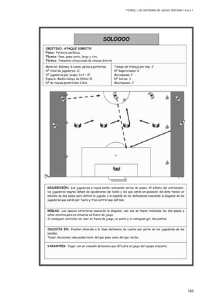 FÚTBOL: LOS SISTEMAS DE JUEGO. SISTEMA 1.4.2-3.1.
163
INSISTIR EN: Prestar atención a la línea defensiva de cuatro por parte de los jugadores de las
bandas.
Tomar decisiones adecuadas tanto del que pasa como del que recibe.
REGLAS: Los apoyos exteriores buscarán la diagonal, una vez se hayan realizado los dos pases y
estar atentos para no situarse en fuera de juego.
Si consiguen controlar sin caer en fuera de juego, un punto y si consiguen gol, dos puntos.
VARIANTES: Jugar con un comodín defensivo que dificulte el juego del equipo atacante.
DESCRIPCIÓN: Los jugadores a rayas están realizando series de pases. Al silbato del entrenador,
los jugadores negros deben de apoderarse del balón y los que están en posesión del éste tienen un
máximo de dos pases para definir la jugada; a la espalda de los defensores buscando la diagonal de los
jugadores que están por fuera y tras control que definan.
Material: Balones, 6 conos, petos y porterías.
Nº total de jugadores: 11.
Nº jugadores por grupo: 6x4 + 1P.
Espacio: Medio Campo de fútbol 11.
Nº de toques permitidos: Libre.
SOLOOOO
OBJETIVO: ATAQUE DIRECTO
Físico: Potencia aeróbica.
Técnico: Pase, pase corto, largo y tiro.
Táctico: Fomentar situaciones de ataque directo.
Tiempo de trabajo por rep: 3´
Nº Repeticiones: 6
Micropausa: 1´
Nº Series: 3
Macropausa: 2´
 