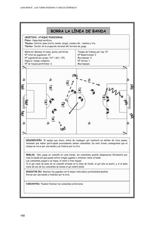 JUAN MERCÉ , LUÍS TOMÁS RÓDENAS Y CARLOS DOMÉNECH
168
INSISTIR EN: Realizar las jugadas con la mayor velocidad y profundidad posible.
Iniciar por una banda y finalizar por la otra.
REGLAS: Sólo juega un comodín en cada banda, los comodines podrán desplazarse libremente por
toda la banda sin que pueda entrar ningún jugador a intentar robar el balón.
Los comodines juegan a un toque, el resto a tres toques.
Si el gol viene de pase de un comodín situado en la línea de fondo, el gol vale un punto, y si el pase
viene de uno de los comodines de banda el gol valdrá doble.
VARIANTES: Pueden finalizar los comodines exteriores.
DESCRIPCIÓN: El equipo que ataca, antes de conseguir gol realizará un mínimo de cinco pases,
teniendo que haber participado previamente ambos comodines. De esta forma conseguimos que el
ataque se inicie por una banda y se finalice por la otra.
Material: Balones, 8 conos, petos, porterías.
Nº total de jugadores: 22.
Nº jugadores por grupo: 7x7 + (6C + 2P).
Espacio: Campo completo.
Nº de toques permitidos: 3.
BORRA LA LÍNEA DE BANDA
OBJETIVO: ATAQUE POSICIONAL
Físico: Capacidad aeróbica.
Técnico: Control, pase (corto, medio, largo), conducción, remate y tiro.
Táctico: Incidir en la ocupación racional del terreno de juego.
Tiempo de trabajo por rep: 15’
Nº Repeticiones: 2
Micropausa: 3’
Nº Series: 1
Macropausa:
 