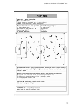 FÚTBOL: LOS SISTEMAS DE JUEGO. SISTEMA 1.4.2-3.1.
169
Material: Balones, 14 conos, petos y porterías.
Nº total de jugadores: 19.
Nº jugadores por grupo: 7x7 + (3C + 2P).
Espacio: Campo fútbol 7.
Nº de toques permitidos: 3.
TAKA TIKI
OBJETIVO: ATAQUE POSICIONAL
Físico: Capacidad aeróbica.
Técnico: Conducción, regate, pase corto y largo, entrada y tiro.
Táctico: Circulación del balón y cambios de orientación.
Tiempo de trabajo por rep: 8´
Nº Repeticiones: 3
Micropausa: 1´
Nº Series: 3
Macropausa: 3´
INSISTIR EN: La velocidad a la hora de circular el balón.
Más de catorce segundos el ataque.
REGLAS: Deben pasar entre los conos un mínimo de cuatro veces para poder iniciar el ataque.
No se puede pasar conduciendo el balón, sino realizando pases entre los conos.
El número minino de pases para poder finalizar la jugada será de seis.
Si se consigue gol, se sumará un punto.
VARIANTES: Que no se pueda repetir portería.
Que se tenga que pasar por todas las porterías.
DESCRIPCIÓN: En todo el campo jugamos una posesión, teniendo como premisa, pasar el balón ente
los conos. Una vez conseguido el primer objetivo, iniciaremos el ataque combinativo para poder
finalizar la jugada.
 
