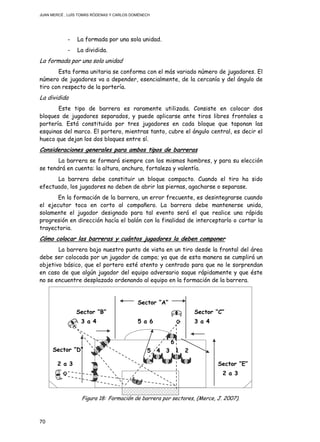 JUAN MERCÉ , LUÍS TOMÁS RÓDENAS Y CARLOS DOMÉNECH
70
- La formada por una sola unidad.
- La dividida.
La formada por una sola unidad
Esta forma unitaria se conforma con el más variado número de jugadores. El
número de jugadores va a depender, esencialmente, de la cercanía y del ángulo de
tiro con respecto de la portería.
La dividida
Este tipo de barrera es raramente utilizada. Consiste en colocar dos
bloques de jugadores separados, y puede aplicarse ante tiros libres frontales a
portería. Está constituida por tres jugadores en cada bloque que taponan las
esquinas del marco. El portero, mientras tanto, cubre el ángulo central, es decir el
hueco que dejan los dos bloques entre sí.
Consideraciones generales para ambos tipos de barreras
La barrera se formará siempre con los mismos hombres, y para su elección
se tendrá en cuenta: la altura, anchura, fortaleza y valentía.
La barrera debe constituir un bloque compacto. Cuando el tiro ha sido
efectuado, los jugadores no deben de abrir las piernas, agacharse o separase.
En la formación de la barrera, un error frecuente, es desintegrarse cuando
el ejecutor toca en corto al compañero. La barrera debe mantenerse unida,
solamente el jugador designado para tal evento será el que realice una rápida
progresión en dirección hacía el balón con la finalidad de interceptarlo o cortar la
trayectoria.
Cómo colocar las barreras y cuántos jugadores la deben componer
La barrera bajo nuestro punto de vista en un tiro desde la frontal del área
debe ser colocada por un jugador de campo; ya que de esta manera se cumplirá un
objetivo básico, que el portero esté atento y centrado para que no le sorprendan
en caso de que algún jugador del equipo adversario saque rápidamente y que éste
no se encuentre desplazado ordenando al equipo en la formación de la barrera.
Figura 18: Formación de barrera por sectores, (Merce, J. 2007).
6
5 4 3 1
6
2
Sector “A”
5 a 6
Sector “B” Sector “C”
Sector “D”
Sector “E”
3 a 4 3 a 4
2 a 3
2 a 3
 
