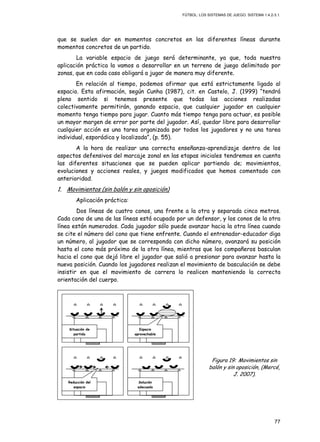 FÚTBOL: LOS SISTEMAS DE JUEGO. SISTEMA 1.4.2-3.1.
77
que se suelen dar en momentos concretos en las diferentes líneas durante
momentos concretos de un partido.
La variable espacio de juego será determinante, ya que, toda nuestra
aplicación práctica la vamos a desarrollar en un terreno de juego delimitado por
zonas, que en cada caso obligará a jugar de manera muy diferente.
En relación al tiempo, podemos afirmar que está estrictamente ligado al
espacio. Esta afirmación, según Cunha (1987), cit. en Castelo, J. (1999) “tendrá
pleno sentido si tenemos presente que todas las acciones realizadas
colectivamente permitirán, ganando espacio, que cualquier jugador en cualquier
momento tenga tiempo para jugar. Cuanto más tiempo tenga para actuar, es posible
un mayor margen de error por parte del jugador. Así, quedar libre para desarrollar
cualquier acción es una tarea organizada por todos los jugadores y no una tarea
individual, esporádica y localizada”, (p. 55).
A la hora de realizar una correcta enseñanza-aprendizaje dentro de los
aspectos defensivos del marcaje zonal en las etapas iniciales tendremos en cuenta
las diferentes situaciones que se pueden aplicar partiendo de; movimientos,
evoluciones y acciones reales, y juegos modificados que hemos comentado con
anterioridad.
1. Movimientos (sin balón y sin oposición)
Aplicación práctica:
Dos líneas de cuatro conos, una frente a la otra y separada cinco metros.
Cada cono de una de las líneas está ocupado por un defensor, y los conos de la otra
línea están numerados. Cada jugador sólo puede avanzar hacia la otra línea cuando
se cite el número del cono que tiene enfrente. Cuando el entrenador-educador diga
un número, al jugador que se corresponda con dicho número, avanzará su posición
hasta el cono más próximo de la otra línea, mientras que los compañeros basculan
hacia el cono que dejó libre el jugador que salió a presionar para avanzar hasta la
nueva posición. Cuando los jugadores realizan el movimiento de basculación se debe
insistir en que el movimiento de carrera lo realicen manteniendo la correcta
orientación del cuerpo.
Figura 19: Movimientos sin
balón y sin oposición, (Mercé,
J. 2007).
Espacio
aprovechable
Situación de
partida
Reducción del
espacio
Solución
adecuada
 