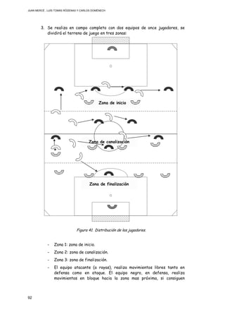 JUAN MERCÉ , LUÍS TOMÁS RÓDENAS Y CARLOS DOMÉNECH
92
3. Se realiza en campo completo con dos equipos de once jugadores, se
dividirá el terreno de juego en tres zonas:
Figura 41. Distribución de los jugadores.
- Zona 1: zona de inicio.
- Zona 2: zona de canalización.
- Zona 3: zona de finalización.
- El equipo atacante (a rayas), realiza movimientos libres tanto en
defensa como en ataque. El equipo negro, en defensa, realiza
movimientos en bloque hacia la zona mas próxima, si consiguen
Zona de finalización
Zona de canalización
Zona de inicio
 