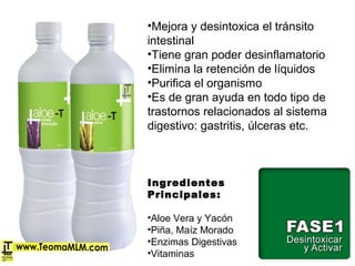•Mejora y desintoxica el tránsito
intestinal
•Tiene gran poder desinflamatorio
•Elimina la retención de líquidos
•Purifica el organismo
•Es de gran ayuda en todo tipo de
trastornos relacionados al sistema
digestivo: gastritis, úlceras etc.
Ingredientes
Principales:
•Aloe Vera y Yacón
•Piña, Maíz Morado
•Enzimas Digestivas
•Vitaminas
 