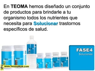 EnEn TEOMATEOMA hemos diseñado un conjuntohemos diseñado un conjunto
de productos para brindarle a tude productos para brindarle a tu
organismo todos los nutrientes queorganismo todos los nutrientes que
necesita paranecesita para SolucionarSolucionar trastornostrastornos
específicos de salud.específicos de salud.
 