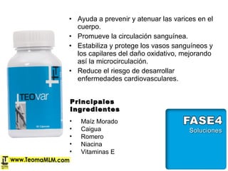 • Ayuda a prevenir y atenuar las varices en el
cuerpo.
• Promueve la circulación sanguínea.
• Estabiliza y protege los vasos sanguíneos y
los capilares del daño oxidativo, mejorando
así la microcirculación.
• Reduce el riesgo de desarrollar
enfermedades cardiovasculares.
PrincipalesPrincipales
IngredientesIngredientes
• Maíz Morado
• Caigua
• Romero
• Niacina
• Vitaminas E
 