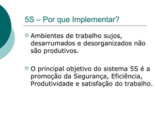 5S – Por que Implementar?
   Ambientes de trabalho sujos,
    desarrumados e desorganizados não
    são produtivos.

   O principal objetivo do sistema 5S é a
    promoção da Segurança, Eficiência,
    Produtividade e satisfação do trabalho.
 